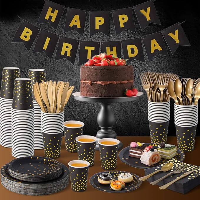 2026 New Years Decorations, 350PCS Black and Gold Party Supplies Disposable Dinnerware Set w/Black Gold Dot Paper Plates Napkins Cups Gold Plastic Fork Knives Spoon for Women Men Birthday Anniversary