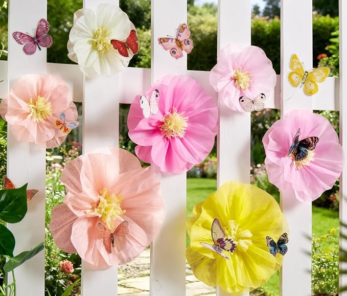 Large Paper Flower Decorations with 3D Butterfly Stickers Pink Yellow Giant Tissue Paper Flowers Pastel Flowers Butterfly Party Decoration for Spring Garden Girls Women Birthday Wedding Party