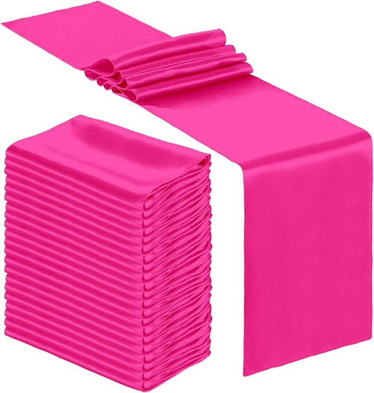 Bencailor 24 Pcs Hot Pink Satin Table Runner Bulk 12 x 108 Inches Long Table Runners Bright Smooth Fabric Tablecloth for Wedding Banquet Birthday Spring Graduation Party Decorations