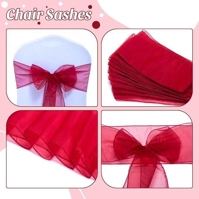 MDS® Pack of 10 Organza Chair Sashes for Wedding Decoration, Reusable Sheer Chair Bows for Banquet Chair Cover, Reception, Bridal Shower, Baby Shower, Birthday Party & Special Events - Maroon