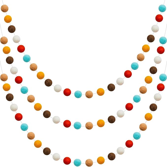 WILLBOND 3 Pieces Wool Felt Rainbow Ball Garland Colorful Pom Pom 6.5 ft Long 24 Ball Garland for Easter Mardi Gras Classroom Halloween Thanksgiving Xmas (Fancy Colors)
