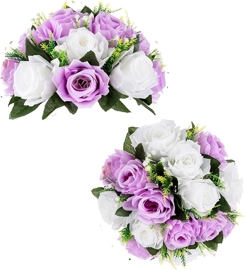 BLOSMON Lilac Purple Flowers Artificial: 2 Pcs Fake Roses Flower Balls Centerpiece for Wedding Table Decoration- Artificial Silk Kissing Bouquet Floral Arrangement for Home Party Event Decor | Wedding Table Decoration Floral Arrangement - Faux Silk Kis...