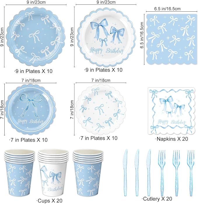 Blue Bow Birthday Decorations Set Includes Plates, Napkins, Cups, Cutlery, Banner, Hanging Swirls, Cake & Cupcake Toppers, Honeycomb Centerpieces, Balloons, Tablecloths for Coquette Party Decorations