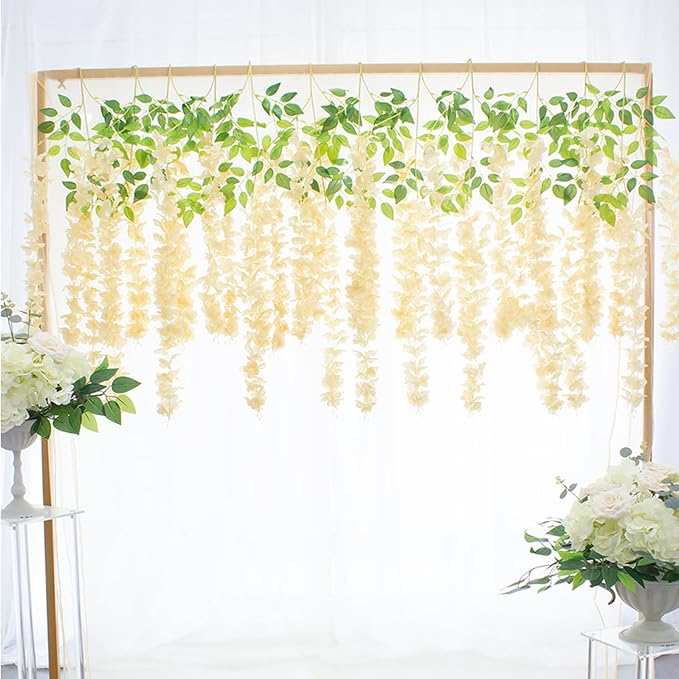 5 Pack Champagne Wisteria Hanging Flowers Garland, 3.77 Feet Artificial Flower Vines, Fake Wisteria, Artificial Vines Hanging Garland for Backdrop Outdoor Yard Garden Decor