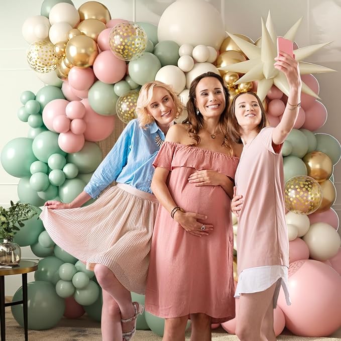 Sage Green Pink Balloon Arch Garland Kit, Sage Green Pink Sand White Beige Balloons with Gold Confetti Balloon Star Balloons for Jungle Safari Bridal Baby Shower Birthday Party Decoration