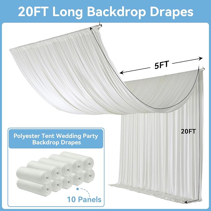 Outpain 50x20ft Ivory Ceiling Drapes, 10 Panels 20ft Height Wrinkle-Free Tent Draping Curtains for Wedding Party Tent Canopy Arch Backdrop Decorations