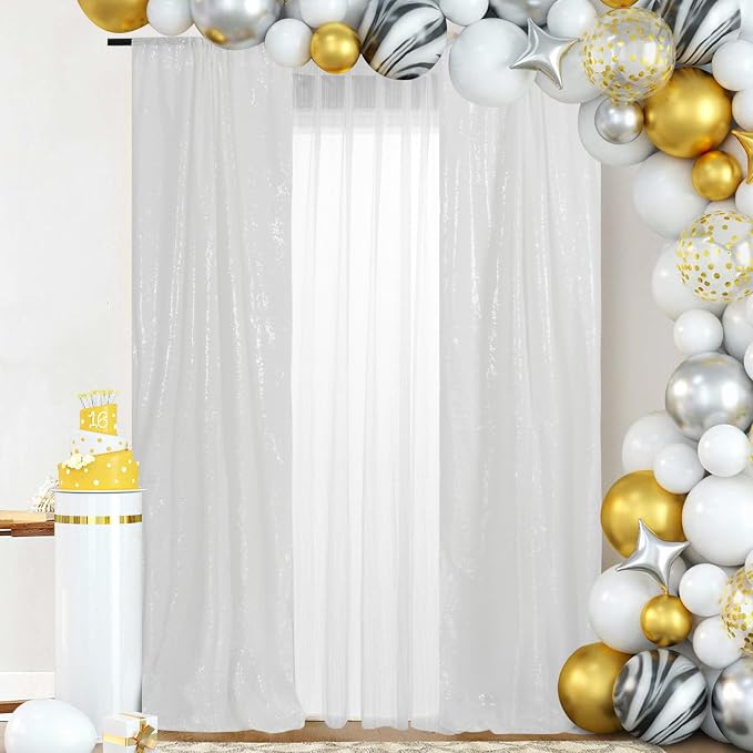 PartyDelight White Sequin Backdrop Curtains 2x8ft 2 Panels | 3mm stitched sequin curtain with 4 inch rod pocket for 2x8ft 2 panel doorway window side drape narrow photo booth strip