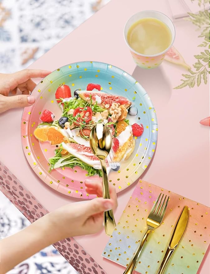 Nkaiso 141 Pieces Rainbow Gold Party Supplies, Party Dinnerware Sets Include Paper Plates Napkins Cups Silverware, for Wedding Bridal Shower Engagement Birthday Parties Decoration -20 Serves