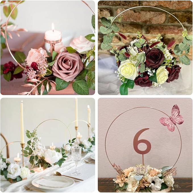 MJRASG 12 Pack Floral Hoop with Stand and LED Lights 16 Inch Metal Rings for DIY Centerpiece Table Decorations Crafts Macrame Ring Hoop Wreath Dream Catcher Rings Wedding Christmas Wreaths, Rose Gold