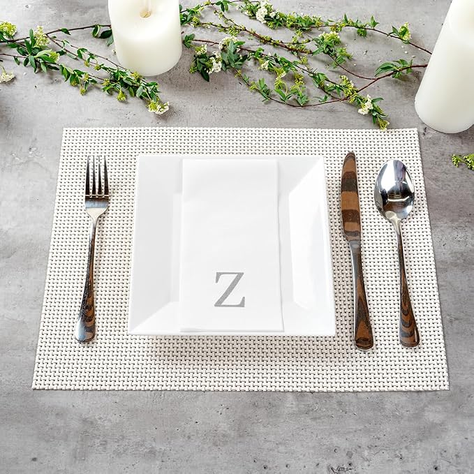 Luxenap 15.8 X 7.9 Inch Linen-Feel Guest Towels, 50 Lettered Hand Towels - Silver Letter 'Z', Sans Serif Font, White Paper Dinner Napkins, airlaid, For Restrooms And Tables - Restaurantware