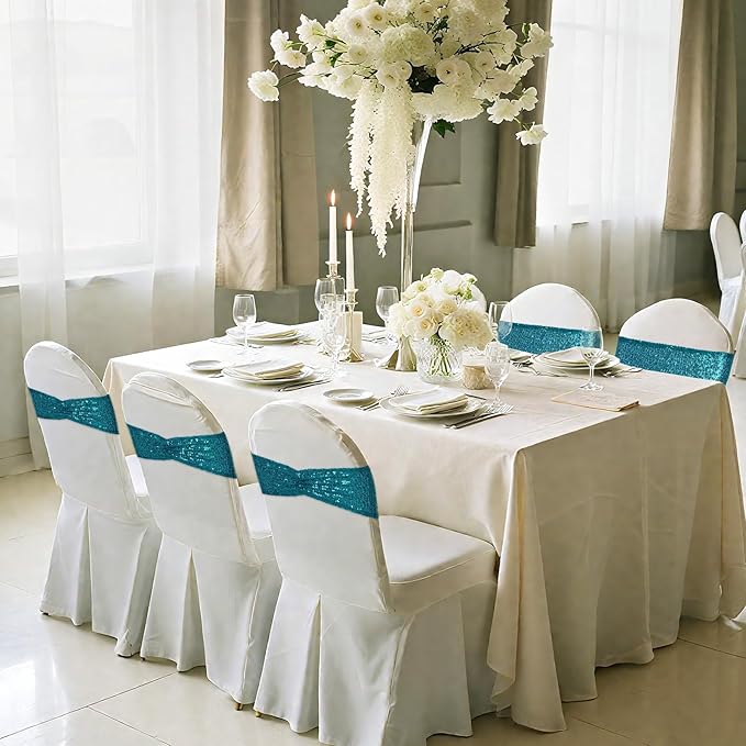 Poise3EHome Teal Sequin Chair Sashes, Double Sided Glitter Folding Chair Cover Bands for Wedding Party Ceremony Banquet Reception Decorations, 20 PCS