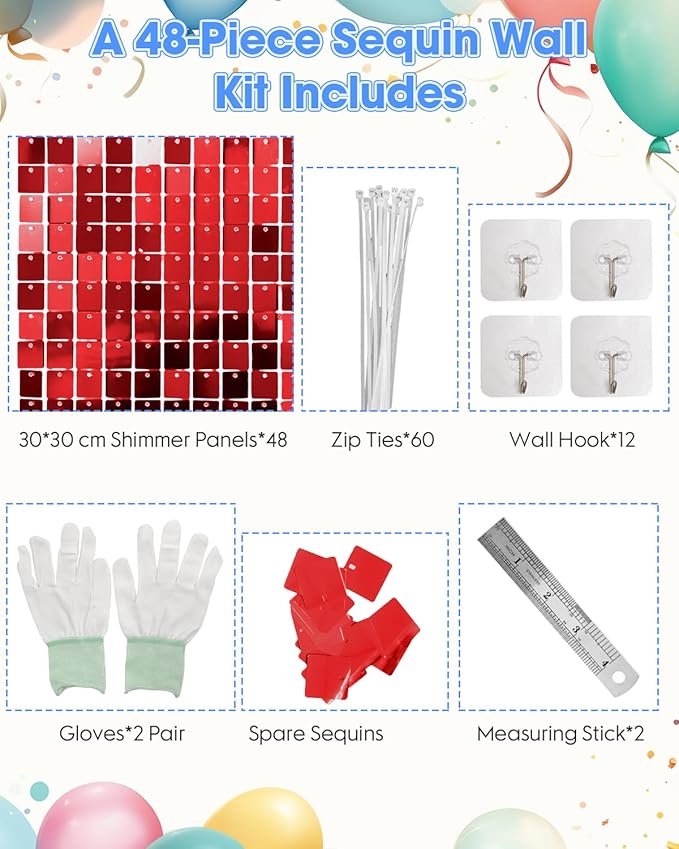 Red Shimmer Wall Backdrop 48 Panels Cover 6 x 8 Ft, Photo Backdrops for Wedding,Anniversary,Birthday,Party Decoration