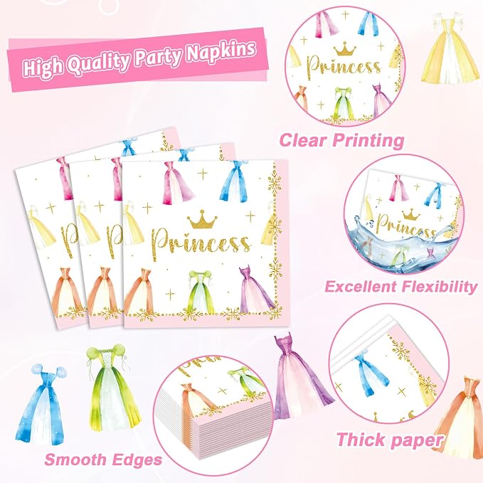 96Pcs Princess Birthday Party Decorations Princess Themed Tableware Castle Dress Plates Napkins Forks Crown Dinnerware Party Supplies for Girls Bridal Engagement Baby Shower Serve 24 Guests