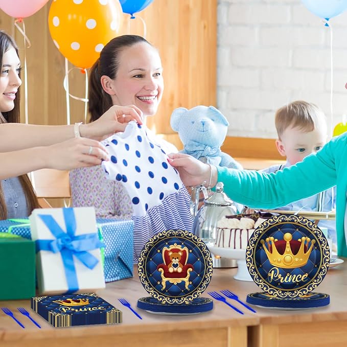 chiazllta 96 Pcs Royal Blue Prince Party Paper Plate and Napkins Supplies Little Blue Prince Theme Baby Shower Dinnerware Decor Blue and Gold Crown Paper Plate Napkin Fork for Party Favors 24 Guests