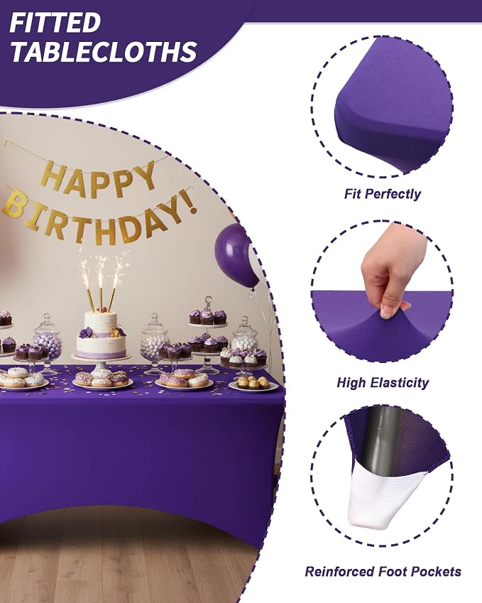 Fixwal 6 Pack 6Ft Purple Table Cover, Spandex Fitted Tablecloths Rectangle, Wrinkle-Free and Stretch Folding Table Cloth for Banquet, Wedding, Party, Trade Show