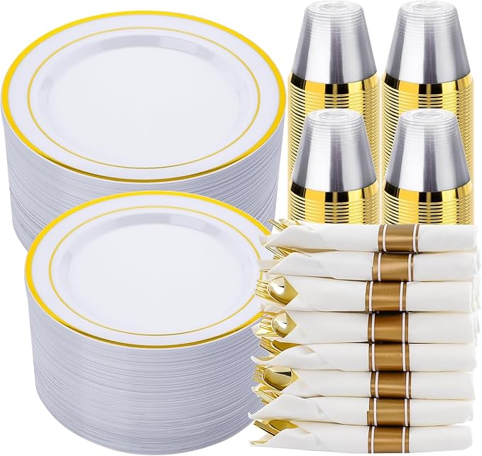 realluck 350 PCS White and Gold Plastic Dinnerware Set for 50 Guests, 100 Disposable Plates for Party, 50 Pre Rolled Napkins with Gold Silverware, 50 Cups