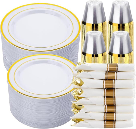 realluck 350 PCS White and Gold Plastic Dinnerware Set for 50 Guests, 100 Disposable Plates for Party, 50 Pre Rolled Napkins with Gold Silverware, 50 Cups
