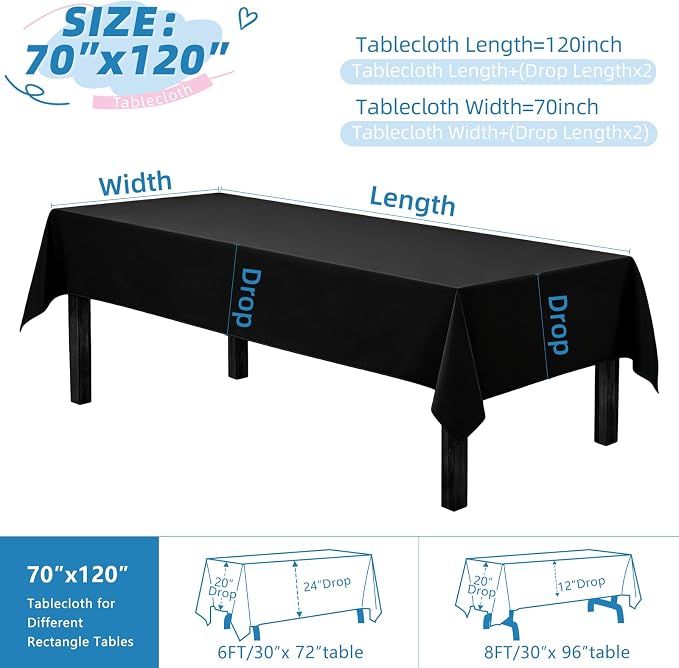 WIGENIUS 10 Pack Black Table Cloth Rectangle Tablecloths 70X120 Inch,Polyester Table Cloth for 8 Foot Rectangle Tables,Wrinkle Resistant Washable Fabric Table Covers for Party,Wedding Banquet