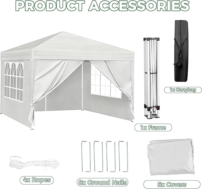 10X10FT White Pop Up Canopy Party Tent, Outdoor Commercial Instant Gazebo with 4 Removable Sidewalls for Events, Wedding, Backyard, Patio, Easy Set Up Sun Shade with Carrying Bag