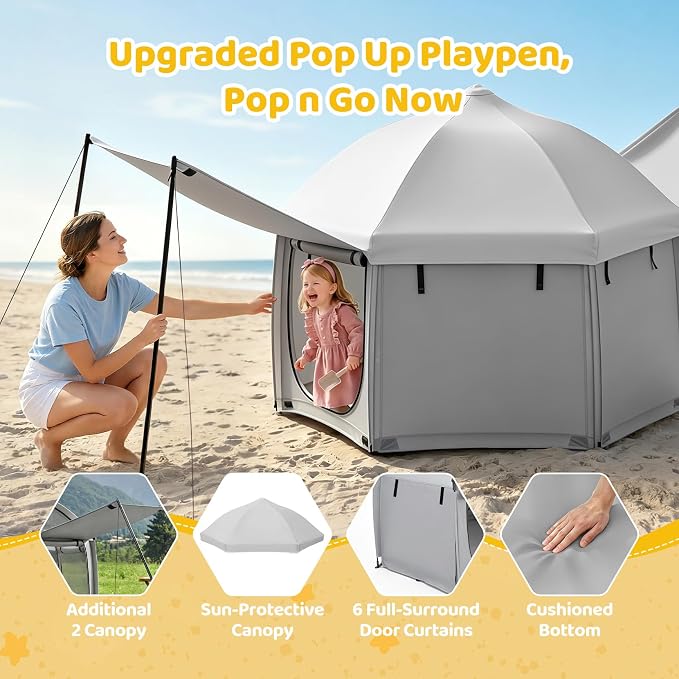 Dripex Upgraded Pop Up Playpen w/t 2-Side Canopy Extension & Built-in Pad,Quick Foldable Indoor/Outdoor Baby Playpen w/t One-Click Safe Lock,2-Side Roll-Up Door,Travel Pop and Go Beach Play Pen Grey