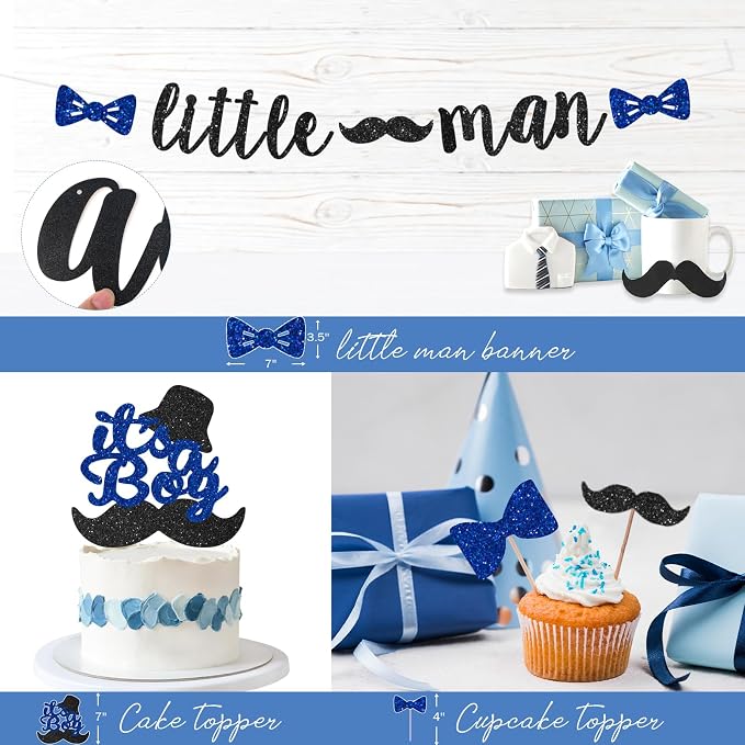 Hombae Little Man Baby Shower Decorations, 106 PCs - Unique Boy Baby Shower Party Supplies with Mustache and Bow Tie Backdrop, Balloon Garland, Cake Topper, Sweet Boy Tablecloth