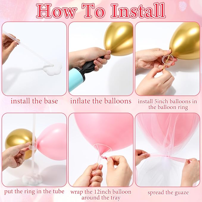 BBTO 8 Set Pink Gold Table Centerpieces Balloons Stand Kit, Latex Balloons and Table Stand Holder with Base Tulle for Wedding Birthday Grad Prom Centerpieces Party Back to School Baby Shower