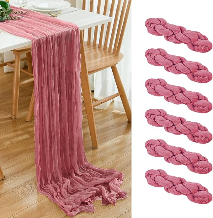 6 Pack Dusty Rose Cheesecloth Table Runner 21x120 Inch Boho Wrinkled Sheer Romantic Gauze Decor for Wedding, Bridal Shower, Birthday Party