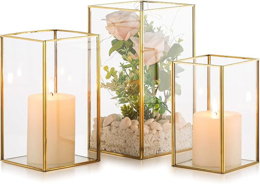 Nuptio Glass Hurricane Candle Holder Set of 3 Gold Pillar Candle Holders Large Rectangular Candleholder Table Centerpieces Decoration for Wedding Christmas Holiday Home Ornaments 9.5 & 8.1 & 6.5 inch