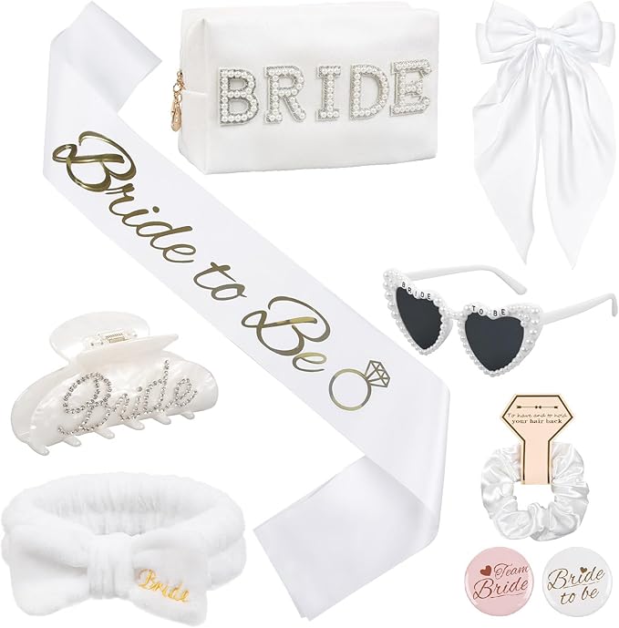 WOVOWOVO Bridal Shower Gifts for Bride To Be: Bachelorette Party Accessories Wedding Gifts - Bride Sash, Makeup Bag, Hair Clip, White Hair Bow, Sunglasses and Facial Headband
