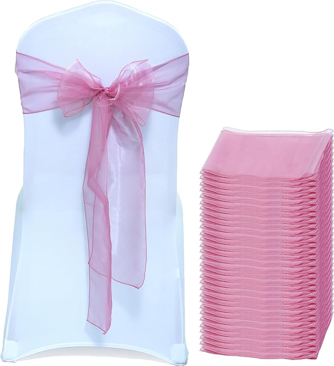 MDS® Pack of 25 Organza Chair Sashes for Wedding Decoration, Reusable Sheer Chair Bows for Banquet Chair Cover, Reception, Bridal Shower, Baby Shower, Birthday Party & Special Events - Dusty Pink