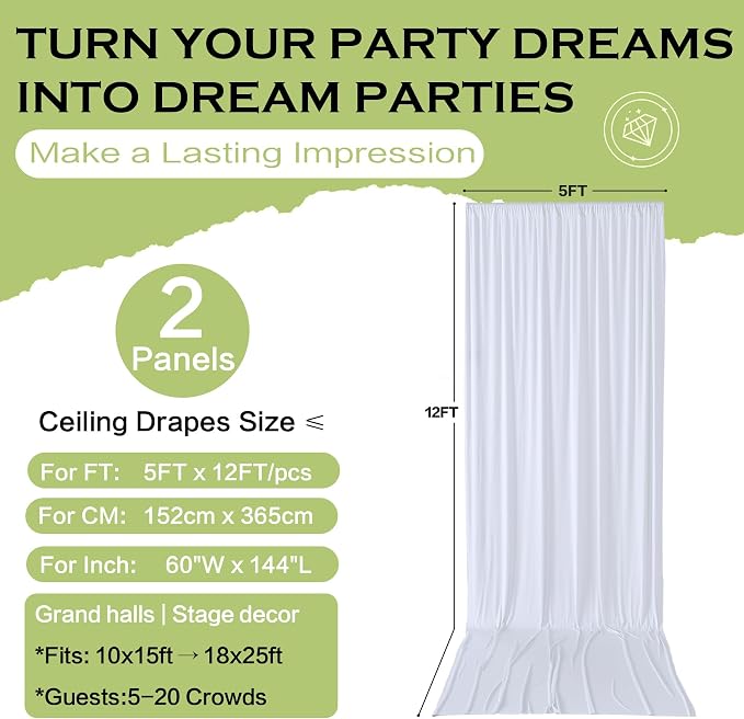 10ft×12ft White Backdrop Curtain for Wedding Parties, 2 Panels Wrinkle Free Polyester Photo Backdrop Drapes Back Drop Cloth for Independence Day Birthday Photography Background
