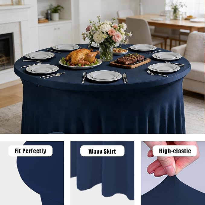 10 Pack Navy Blue Spandex Round Tablecloths for 60inch Tables, 120 Inch Stretchy 5ft Round Fitted Tablecloth Washable Table Cloths Table Covers with Skirt for Wedding Party Birthday Banquet