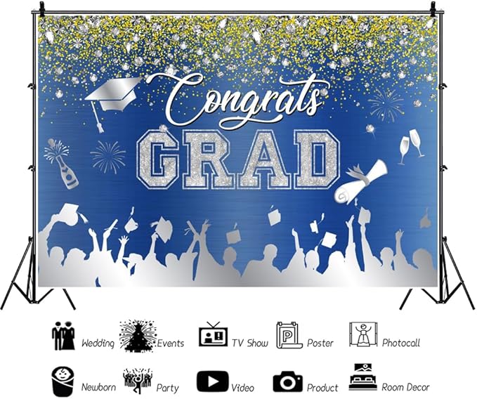 Leowefowa Congrats Grad Backdrop 5x3ft Blue Silver Gold Glitter Graduation Backdrops for Photography Congratulations Graduates Backdrop Banner Grad Prom Party Decor Grad Photo Booth Props