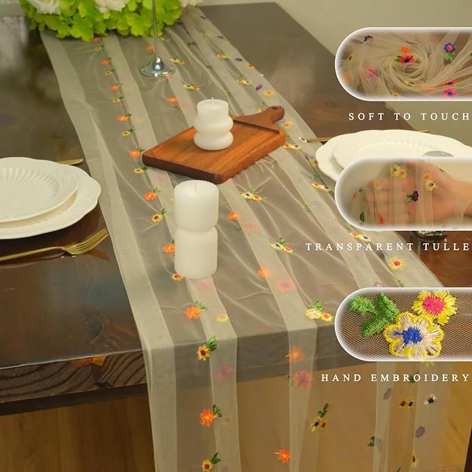 Set of 1 Flower Table Runner 10ft, 29 * 120 Inch Champagne Table Cloth Sheer Tulle Table Cover,Embroidery Daisy Table Runner for Wedding Party Baby Shower Birthday Home Decor