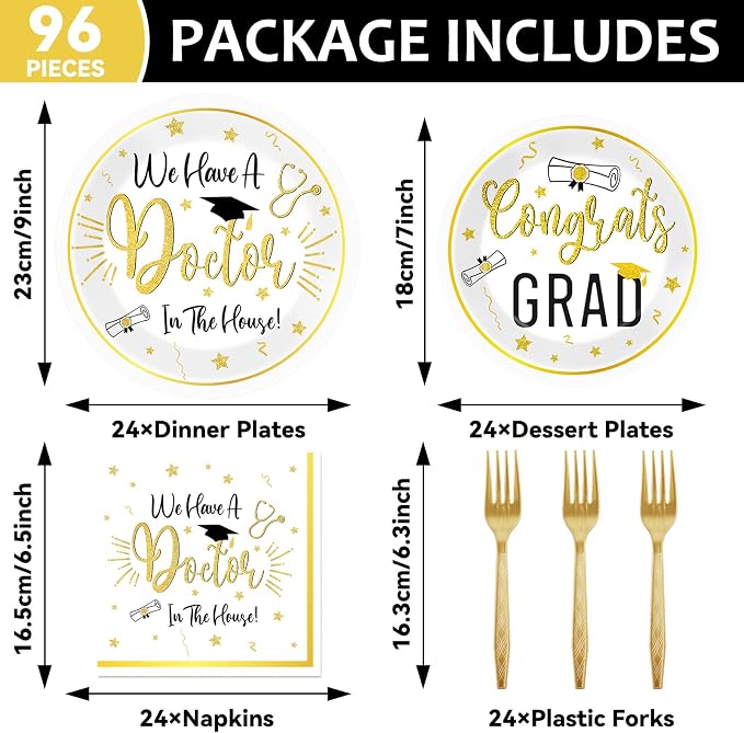 96Pcs Doctor Graduation Party Supplies We Have A Doctor in The House Paper Plates and Napkins Nurse Congrats Gad Tableware Disposable Dessert Dinnerware for PHD Medical School Grad Decor for 24 Guests