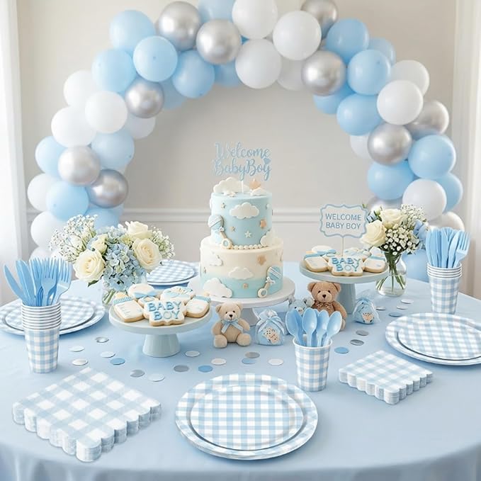 LINHAXM 175 PCS Blue Gingham Party Supplies for 25 Guests Includes Light Blue Gingham Paper Plates, Cups, Napkins, Cutlery for Dinner Wedding Bridal Shower Birthday Baby Shower Party Decorations