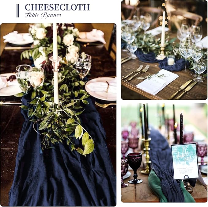 Showgeous 10 Pack Navy Blue Cheesecloth Table Runner Gauze Table Runner 10FT Long Semi-Sheer Table Runner Boho or Rustic Wedding Table Decor for Wedding Decor Arch Draping Bridal Shower Holiday Party