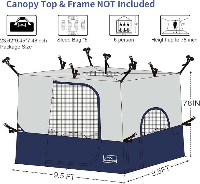 KAMPKEEPER Camping Inner Tent for Pop Up Canopy, Converts 10'x10' Straight Leg Canopy into Camping Tent–Fully Vented Roof(Top & Frame NOT Included) (Navy Blue, with Dog Hole)