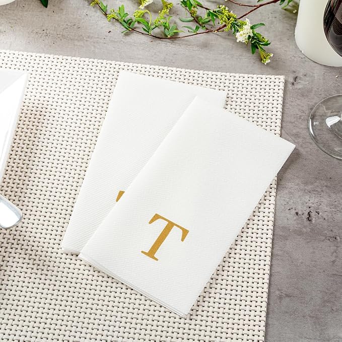 Luxenap 15.8 X 7.9 Inch Linen-Feel Guest Towels, 2000 Lettered Hand Towels - Gold Letter 'T', Sans Serif Font, White Paper Dinner Napkins, airlaid, For Restrooms And Tables