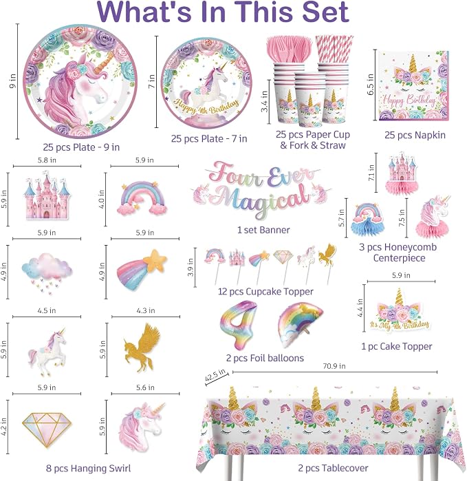 Xynic 190Pcs Unicorn 4th Birthday Decorations, Four Ever Magical Birthday Decorations Tableware Set with Plates and Napkins Serves 25, 2 Tablecloths for Unicorn Decorations