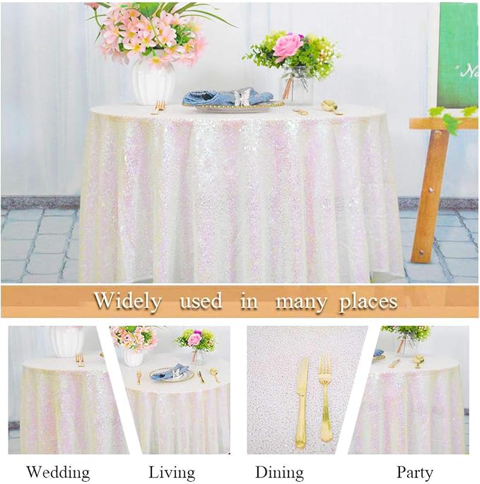ShiDianYi White Iridescent Tablecloth Round 72 Inch Sequin Tablecloth Birthday Decorations Glitter Round Tablecloth White Table Cloth Overlay for Cake Table Wedding Tablecloth
