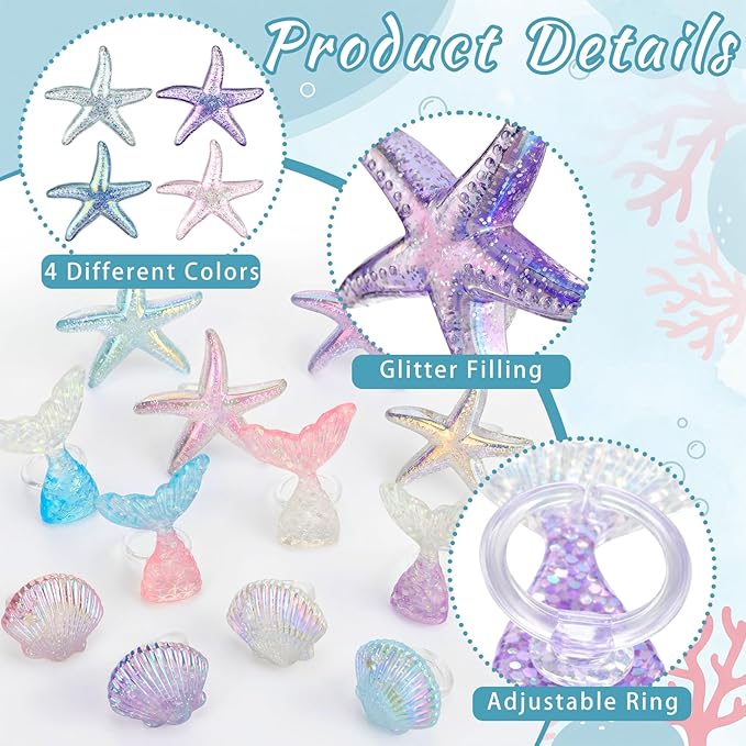 Kenning 48 Pcs Resin Mermaid Theme Cupcake Ring Toppers Seashell Mermaid Tail Starfish Cupcake Topper for Ocean Theme Birthday Party Cake Decorations Baby Shower Weeding Anniversary Sea Party Supplies