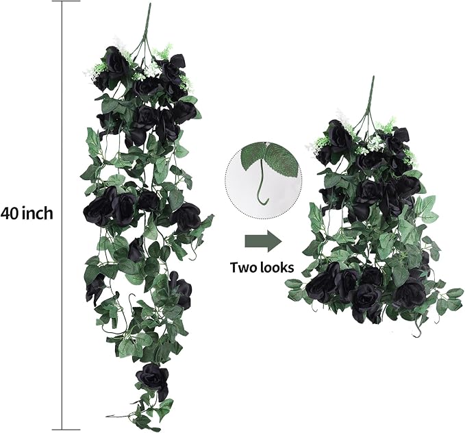 RECUTMS Artificial Black Rose Hanging Flowers Plants, 4 PCS 3.3Ft Fake Floral Halloween Garlands for Home Window Front Porch Garden Wedding Backdrop Wall Hanging Victorian Indoor Outdoor Party