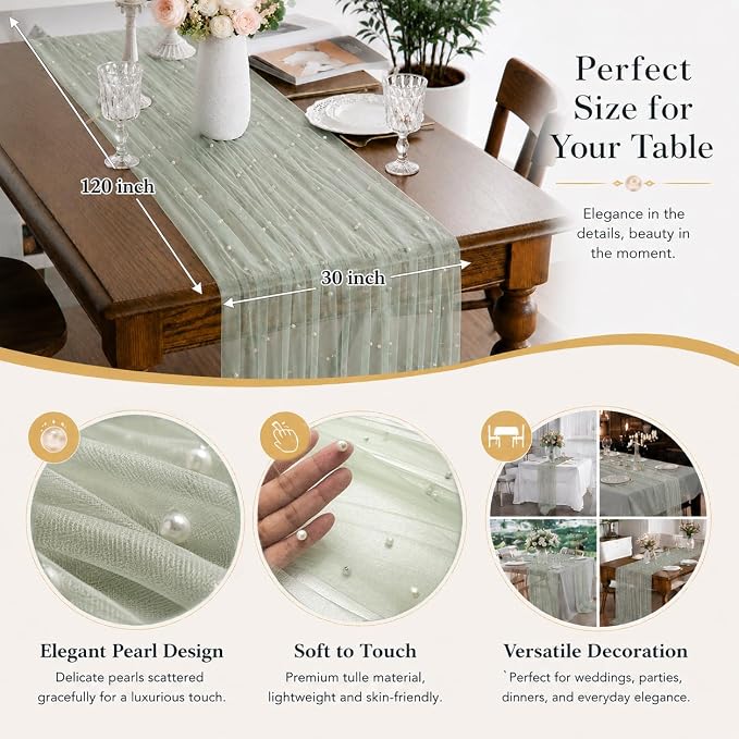 Pearl Sage Gauze Pearl Table Runner 120 Inch 10FT, Seasonal Sheer Dining Holiday Wedding Birthday Baby Shower Tulle Summer Table Decor for Home Party
