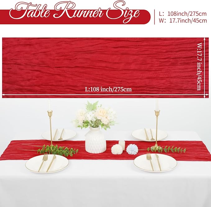 10 Pack Cheesecloth Table Runner 17 x 108 inch Long Boho Gauze Table Runners Semi Sheer Table Runner for Wedding Decor, Baby Shower, Birthday Party, Banquet (Red)