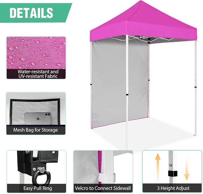 5x5 Pop Up Canopy Tent with One Sidewall, Instant Portable Beach Canopy, Outdoor Tent with Carry Bag for Camping, Sports, Tailgating, Events, Pink