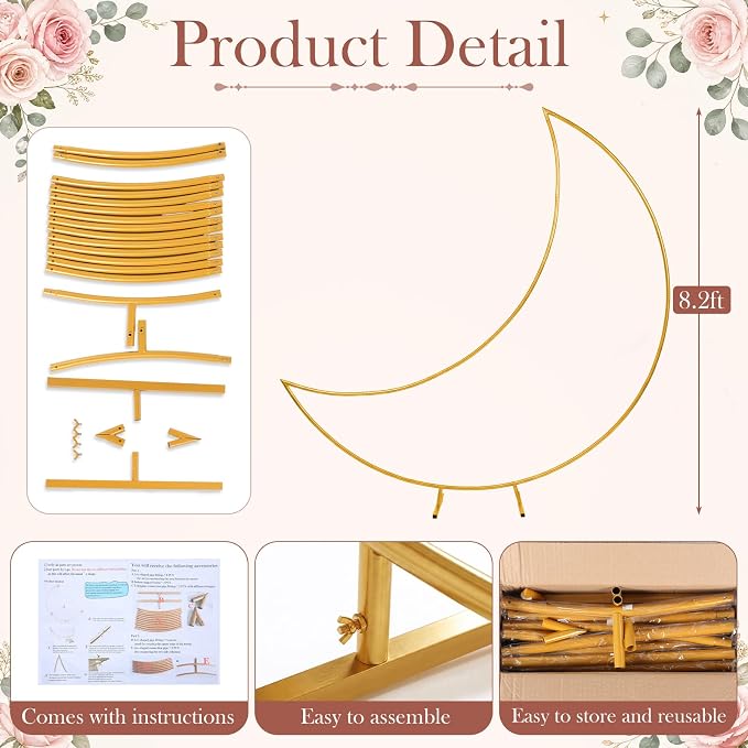 Silipull 8 ft Gaint Moon Arch Backdrop Stand Kit Easy Assembly Metal Frame for Wedding Ceremony Entrance, Bridal Photo Booth, Birthday Baby Shower Decor Graduation Dance Photo Walls