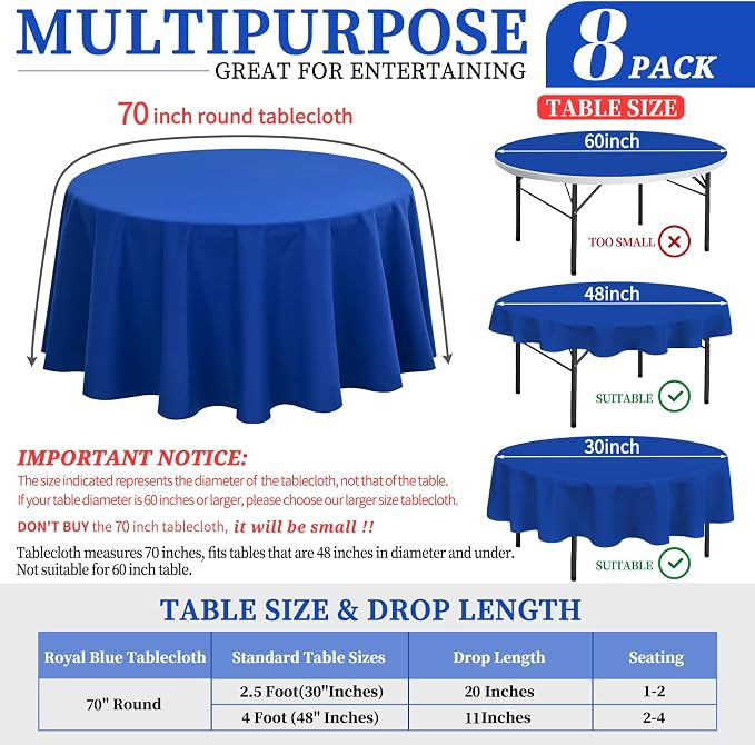 Showgeous 8 Pack Round Tablecloth 70 Inch Round Royal Blue Table Cloths Polyester Tablecloths for Round Tables Washable Decorative Fabric Table Covers for Wedding Dining Party Banquet Buffet
