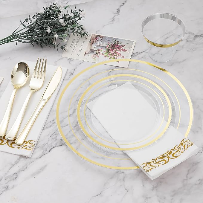BESTVIP 700PCS Clear Gold Disposable Dinnerware Set for 100 Guests, Plastic Plates for Party, Wedding, Christmas, Include: 200 Plastic Plates, 100 Gold Silverware, 100 Cups, 100 Napkins