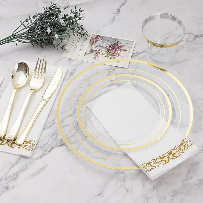 BESTVIP 175PCS Clear Gold Disposable Dinnerware Set for 25 Guests, Plastic Plates for Party, Wedding, Christmas, Include: 50Plastic Plates, 25 Gold Silverware, 25 Cups, 25 Napkins